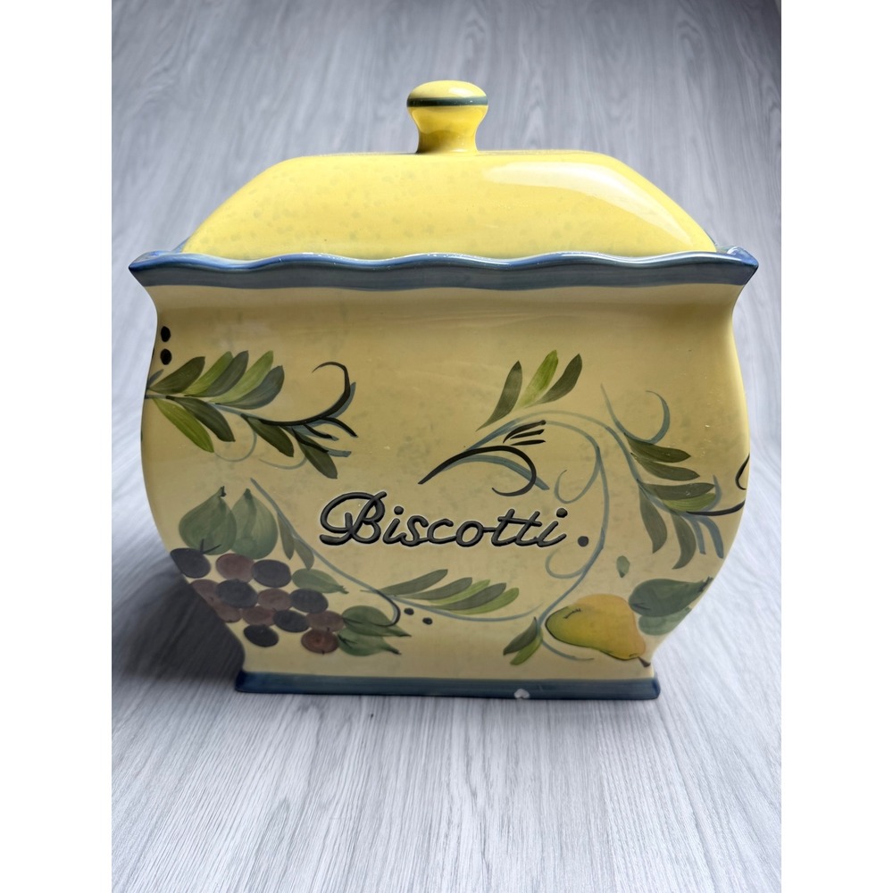 Nonnis Biscotti Jar Ceramic Hand Painted Fruit Canister Yellow Blue Mediterranea